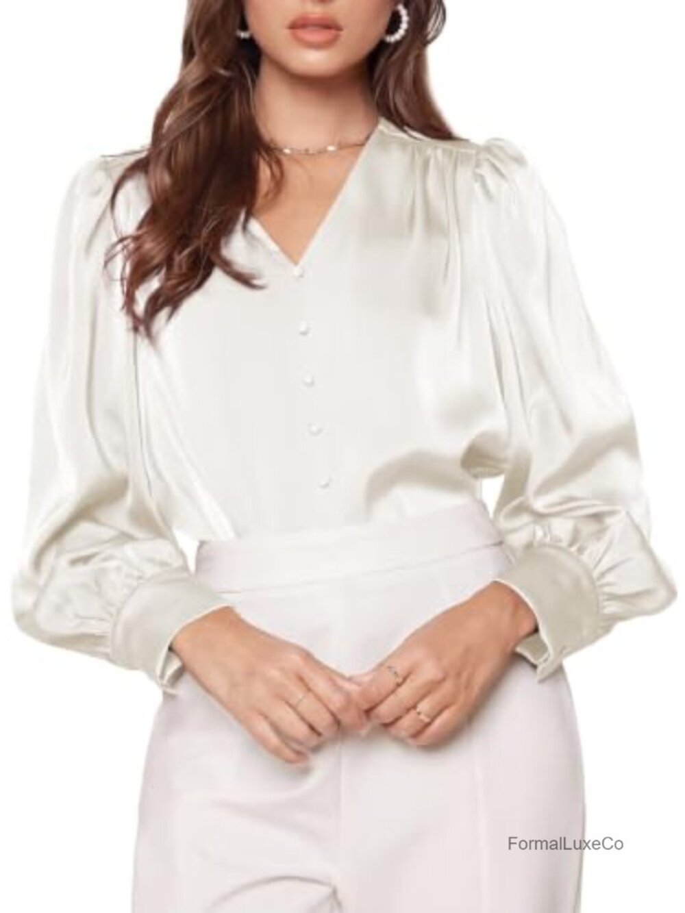 Silk Satin V Neck Blouse Puff Sleeve Business Casual Top